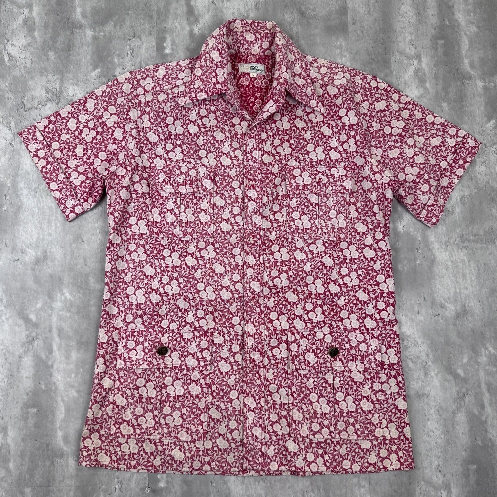 Vintage Reyn Spooner Shirt Mens Large Red Floral Leaf Aloha Hawaiian Pocket 70s
